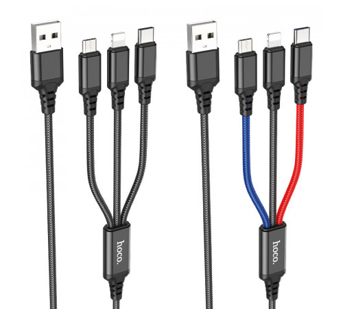 Кабель HOCO X76 USB to iP+Type-C+Micro 2A, 1m, nylon, aluminum connectors Black+Red+Blue (6931474768636)