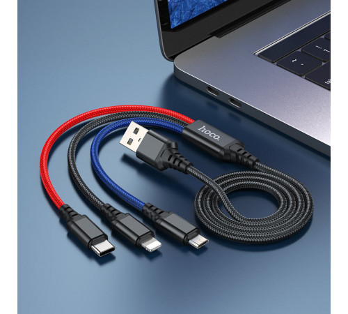 Кабель HOCO X76 USB to iP+Type-C+Micro 2A, 1m, nylon, aluminum connectors Black+Red+Blue (6931474768636)