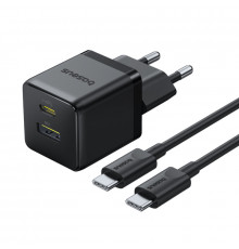Мережевий зарядний пристрій з кабелем Baseus Palm Fast Charger C+U 30W EU Cluster Black (with Baseus Mini White Cable USB-C to USB-C 60W (20V/3A) 1m) (P1011160A113-01)