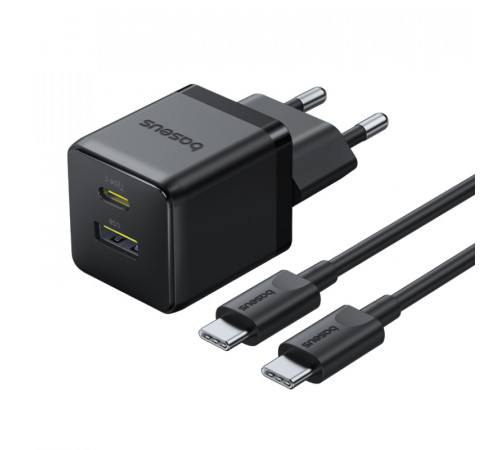 Мережевий зарядний пристрій з кабелем Baseus Palm Fast Charger C+U 30W EU Cluster Black (with Baseus Mini White Cable USB-C to USB-C 60W (20V/3A) 1m) (P1011160A113-01)