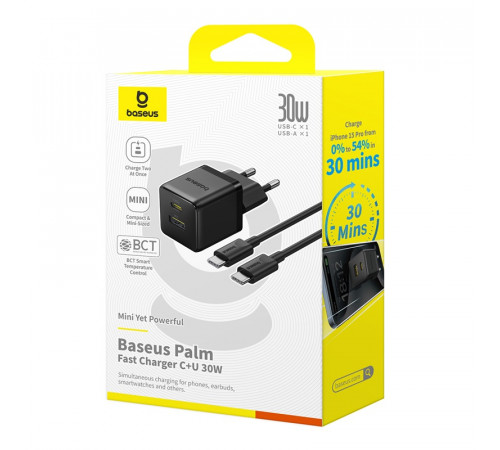 Мережевий зарядний пристрій з кабелем Baseus Palm Fast Charger C+U 30W EU Cluster Black (with Baseus Mini White Cable USB-C to USB-C 60W (20V/3A) 1m) (P1011160A113-01)