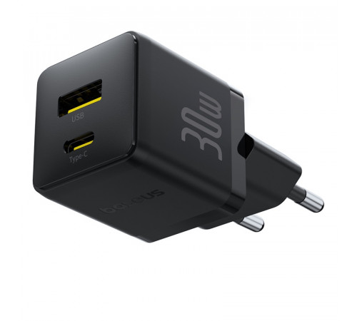 Мережевий зарядний пристрій з кабелем Baseus Palm Fast Charger C+U 30W EU Cluster Black (with Baseus Mini White Cable USB-C to USB-C 60W (20V/3A) 1m) (P1011160A113-01)