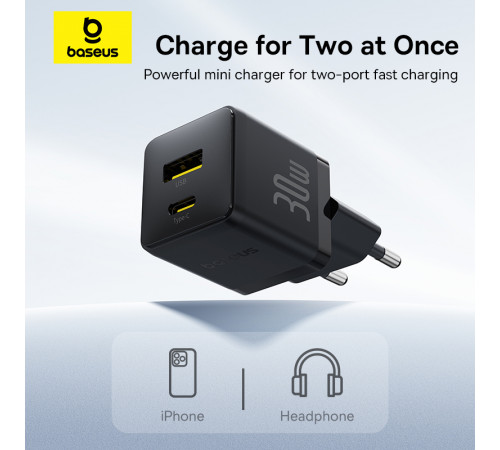 Мережевий зарядний пристрій з кабелем Baseus Palm Fast Charger C+U 30W EU Cluster Black (with Baseus Mini White Cable USB-C to USB-C 60W (20V/3A) 1m) (P1011160A113-01)