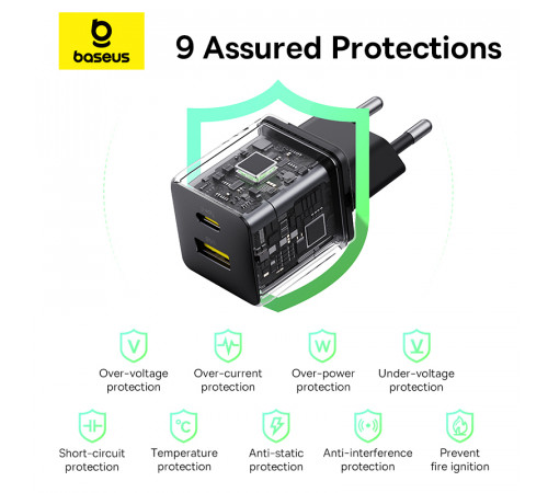 Мережевий зарядний пристрій з кабелем Baseus Palm Fast Charger C+U 30W EU Cluster Black (with Baseus Mini White Cable USB-C to USB-C 60W (20V/3A) 1m) (P1011160A113-01)