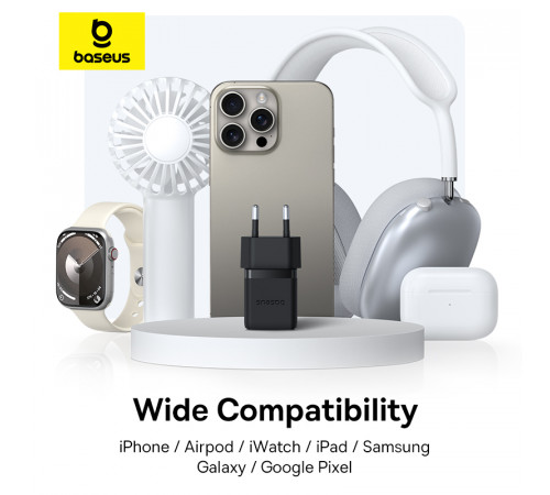 Мережевий зарядний пристрій з кабелем Baseus Palm Fast Charger C+U 30W EU Cluster Black (with Baseus Mini White Cable USB-C to USB-C 60W (20V/3A) 1m) (P1011160A113-01)