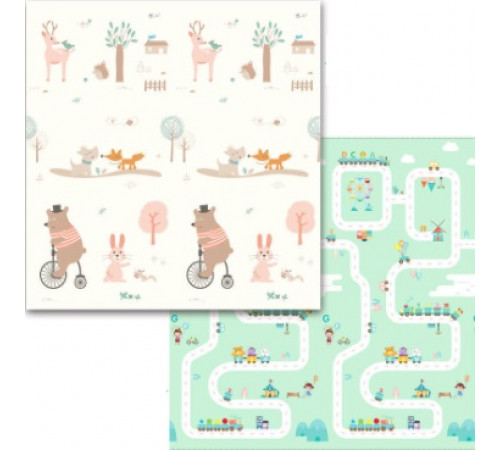 НЕТУ Детский игровой двухсторонний коврик "МИШКА корич. на велосипеде - ДОРОГА паровозик" 2м*1,8м (толщина-1см) (10 шт/ящ)