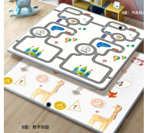 НЕТУ Детский игровой двухсторонний коврик "ДОРОГА машинка - ЦИФРЫ животные" 2м*1,8м (толщина-1см) (10 шт/ящ)