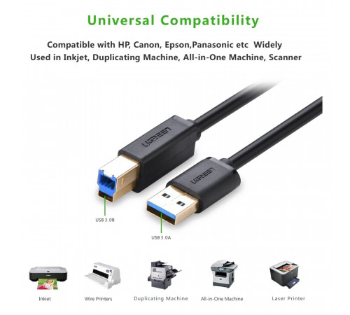 Кабель UGREEN US210 USB 3.0 AM to BM Print Cable 2m (Black）(UGR-10372) (UGR-10372)