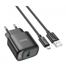 Мережевий зарядний пристрій з кабелем HOCO C140A Smart single port QC3.0 charger set(Micro)(EU) Black (6942007627801)