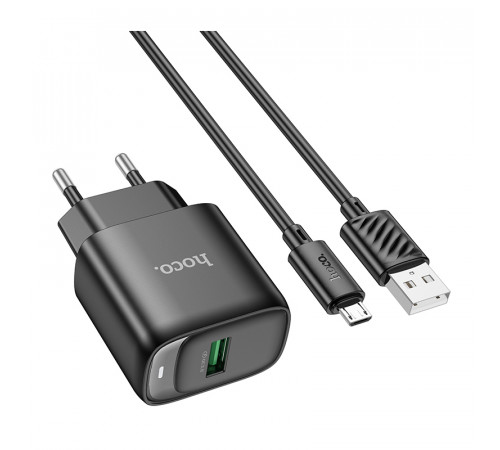 Мережевий зарядний пристрій з кабелем HOCO C140A Smart single port QC3.0 charger set(Micro)(EU) Black (6942007627801)