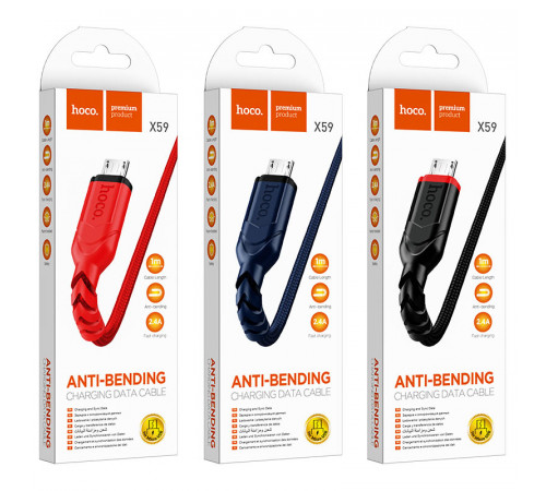 Кабель HOCO X59 USB to Micro 2.4A, 1m, nylon, TPE connectors, Red (6931474744906)