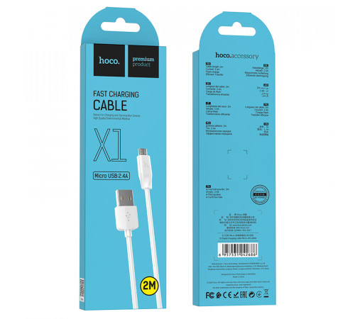 Кабель HOCO X1 USB to Micro  2.4A, 1m, PVC, PVC connectors, White (6957531032038)
