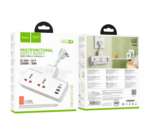 Мережевий подовжувач HOCO AC12 Reise 2-position expansion socket(PD30W/1C3A) (US) White (6942007607087)