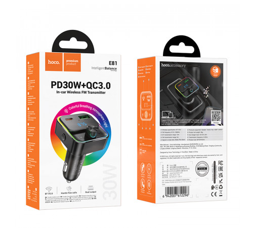 АЗП з FM-модулятором HOCO E81 Fantasy PD30W+QC3.0 car BT FM transmitter Black (6942007612296)