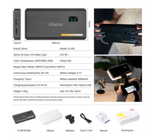 Відеосвітло Ulanzi VL200 Bi-color Led Light 8W Black (2481 VL200) (2481)