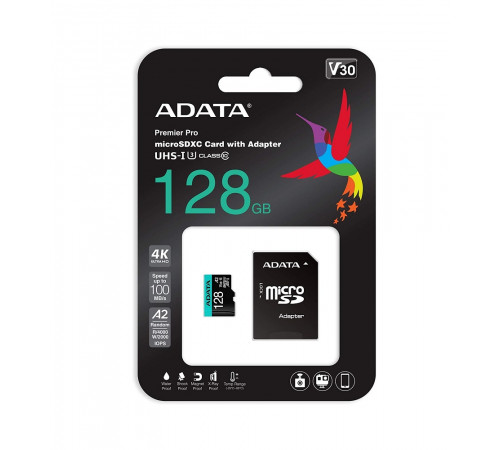 Карта пам'яті microSDXC (UHS-1 U3) A-DATA Premier Pro 128Gb Class 10 V30S A2 (R-100Mb/s W85Mb/s) (adapter SD) (AUSDX128GUI3V30SA2-RA1)