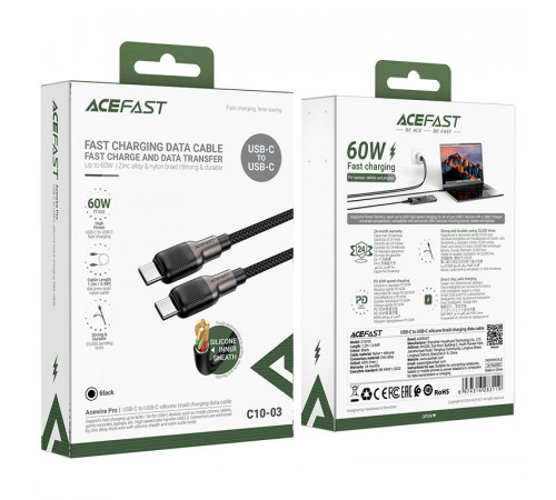 Кабель ACEFAST C10-03 Type-C to Type-C 3A, 60W, 1.2m, silicone, zinc connectors, Black (6974316283119)