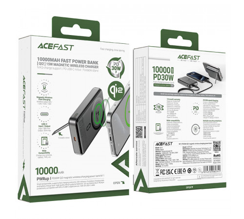 Зовнішній акумулятор ACEFAST M11 PD30W Qi2 magnetic wireless charging power bank 10000 mAh Black (6974316282341)
