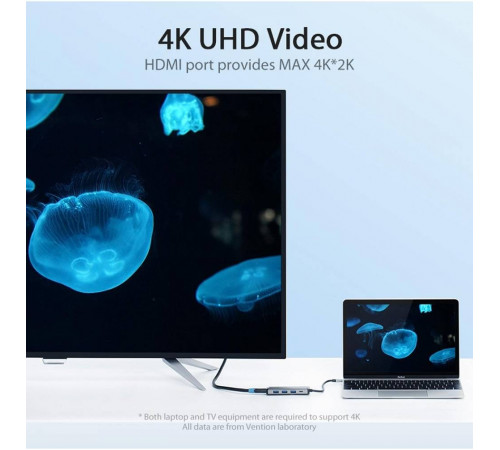 USB-хаб Vention Type-C to HDMI/USB3.0*3/PD Converter 0.15M Gray Metal Type (CNBHB) (CNBHB)