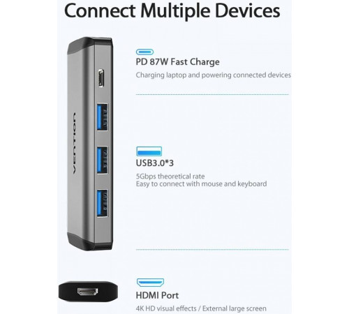 USB-хаб Vention Type-C to HDMI/USB3.0*3/PD Converter 0.15M Gray Metal Type (CNBHB) (CNBHB)