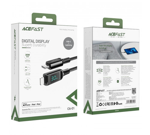 Кабель ACEFAST C6-01 Type-C to iP, 3A, 30W, 1.2m, nylon, zinc connectors, Black (6974316281030)