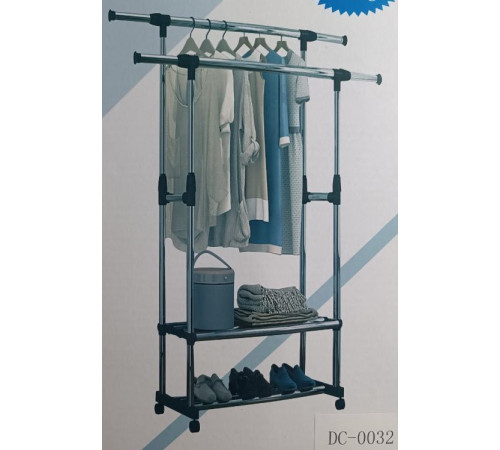 НЕТУ Вешалка-полка для одежды и обуви Double Pole DC-0032/JL-DSG-8645 (С колёсами, металл+пластик, телескоп.) (В1550/Ш750/Г350мм) (10 шт/ящ)