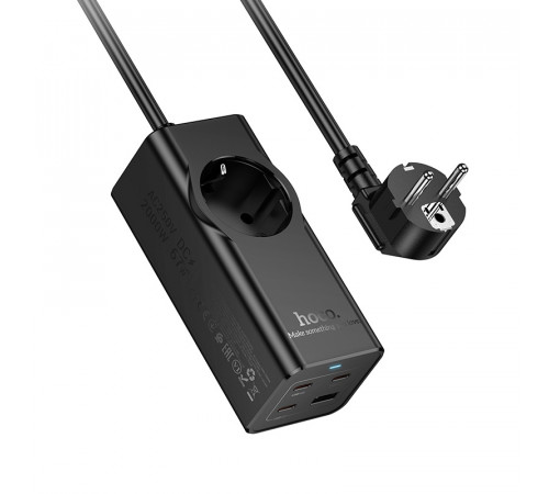 Мережевий подовжувач HOCO NS9 Wisdom 1-position (PD67W/3C1A) desktop socket (EU/GER) (2 m) Black (6942007638494)