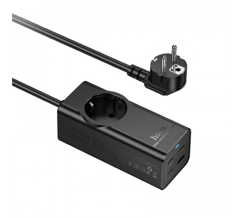 Мережевий подовжувач HOCO NS9 Wisdom 1-position (PD67W/3C1A) desktop socket (EU/GER) (2 m) Black (6942007638494)