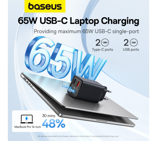 Мережевий зарядний пристрій з кабелем Baseus GaN6 Pro Fast Charger 2C+2U 65W  EU Cluster Black((With Type-C to Type-C 100W(20V/5A) 1m Black） (P10162701113-00)