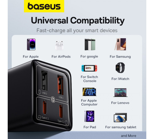 Мережевий зарядний пристрій з кабелем Baseus GaN6 Pro Fast Charger 2C+2U 65W  EU Cluster Black((With Type-C to Type-C 100W(20V/5A) 1m Black） (P10162701113-00)