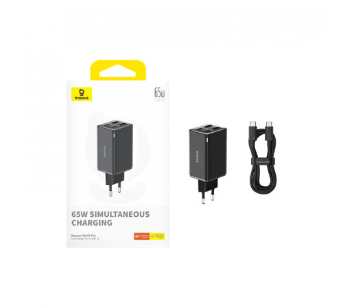 Мережевий зарядний пристрій з кабелем Baseus GaN6 Pro Fast Charger 2C+2U 65W  EU Cluster Black((With Type-C to Type-C 100W(20V/5A) 1m Black） (P10162701113-00)