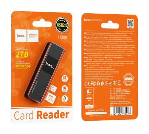USB-хаб HOCO HB20 Mindful 2-in-1card reader(USB2.0) Black (6931474735201)