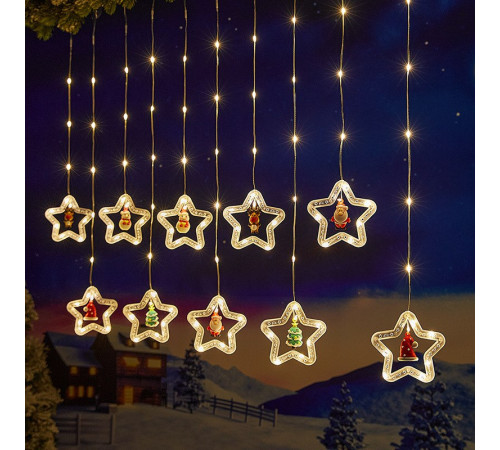 Гирлянда Штора (SFK-24) звезды с игрушкой теплый цвет (8 режимов) размер 3*0,8 м // [403] (50 шт/ящ)