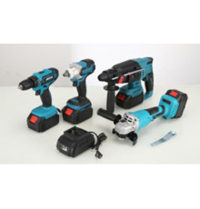 Набор эл.инстр. (4в1) (Шуруповёрт, Болгарка, Гайковёрт, Перфоратор) (синий чемодан, 2 аккум.) (AT-TZ0204Z) // [400] (2 шт/ящ)