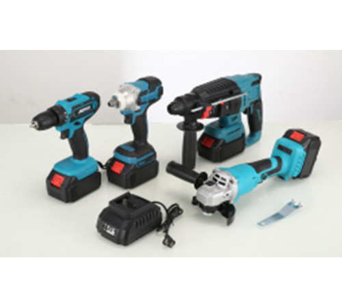 Набор эл.инстр. (4в1) (Шуруповёрт, Болгарка, Гайковёрт, Перфоратор) (синий чемодан, 2 аккум.) (AT-TZ0204Z) // [400] (2 шт/ящ)