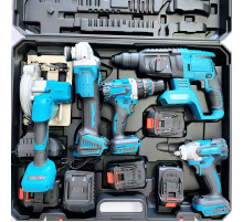 Набор эл.инстр. (5в1) (Шуруповёрт, Болгарка, Гайковёрт, Перфоратор, Циркулярка) (синий чемодан 2 аккум.) (AT-TZ0205Z) // [004] (1 шт/ящ)