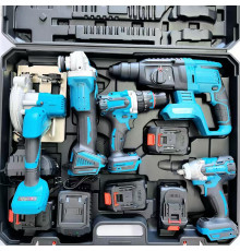 Набор эл.инстр. (5в1) (Шуруповёрт, Болгарка, Гайковёрт, Перфоратор, Циркулярка) (синий чемодан 2 аккум.) (AT-TZ0205Z) // [004] (1 шт/ящ)