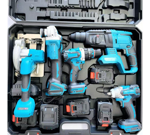 Набор эл.инстр. (5в1) (Шуруповёрт, Болгарка, Гайковёрт, Перфоратор, Циркулярка) (синий чемодан 2 аккум.) (AT-TZ0205Z) // [004] (1 шт/ящ)