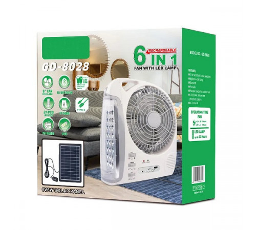 Вентилятор портативный (GD-8028/N283) 6в1 (8", LED лампа, радио, солн.пан., 2 скор., 10Вт, Bluetooth, USB, 3.2V/5500мАч) // [309] // [108] (6 шт/ящ)