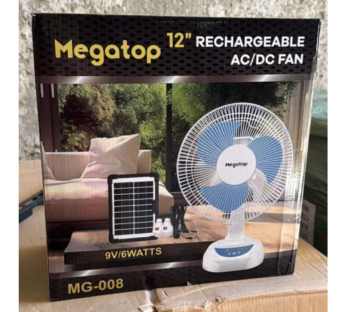 Вентилятор портативный Megatop (MG008) (12", солн. пан., 2 LED лампы, 2 скорости, автовращение, 6Вт, USB, 9V/4500 мАч) // [309] (6 шт/ящ)