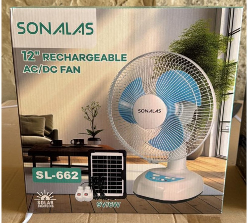 Вентилятор портативный SONALAS (SL662) (12", солн. пан., 2 LED лампы, 2 скорости, автовращение, 6Вт, USB, 9V/4500 мАч) // [309] (6 шт/ящ)