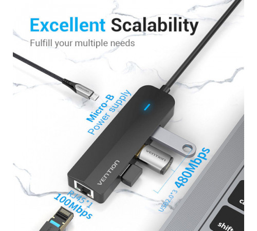 USB-хаб Vention USB-C to USB 3.0*3/RJ45/Micro-B HUB 0.15M Black ABS Type (TGPBB)