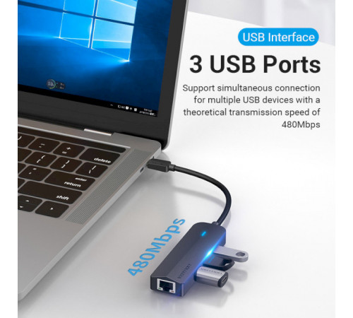 USB-хаб Vention USB-C to USB 3.0*3/RJ45/Micro-B HUB 0.15M Black ABS Type (TGPBB)