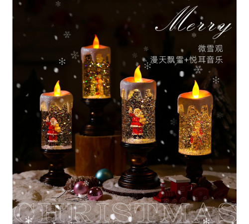 Новогодний снежный светильник-декор LED "Свеча" (HC-G032) (8 рождест. треков, USB-кабель, Батар. AA*3, Размер 10,5x10,5x30см) // [309] (6 шт/ящ)