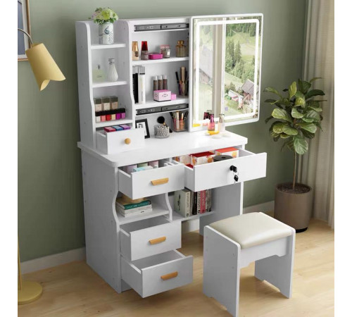 Стол макияжный с LED зеркалом и пуфиком (STL-MD 87) (Белый, прямоугольное зеркало) // [403] (1 шт/ящ)