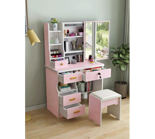 Стол макияжный с LED зеркалом и пуфиком (STL-MD 88) (Розовый, прямоугольное зеркало) // [403] (1 шт/ящ)