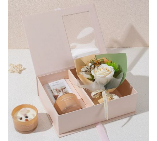 НЕТУ Подарок "Букет цветов с арома мыла и арома свечой" (KR-14) (подарочный кейс -  РОЗОВЫЙ) // [400] (36 шт/ящ)