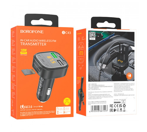 АЗП з FM-модулятором BOROFONE BC43 Flash QC3.0 car BT FM transmitter 18W Black (6974443387223)