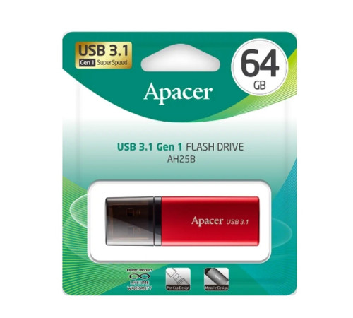 Флеш-накопичувач Apacer USB 3.2 Gen 1 AH25B 64Gb Red (AP64GAH25BR-1)
