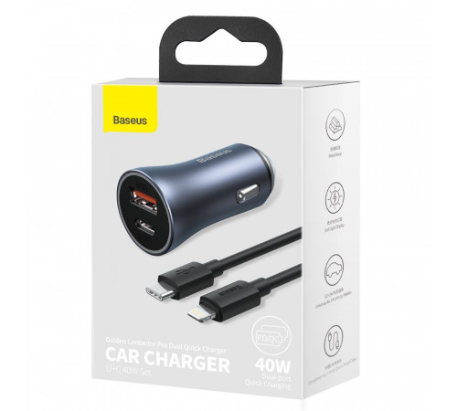 Автомобільний зарядний пристрій Baseus Golden Contactor Pro Dual Car Charger U+C 40W (With Cable Type-C/ iP 1m) Dark Grey (TZCCJD-B0G)